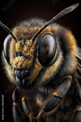 Close bee on dark background. AI Generative