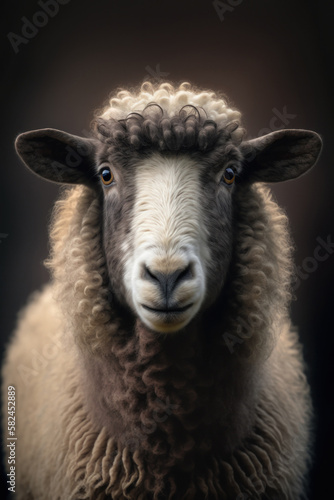 Sheep portrait on dark background. AI Generative