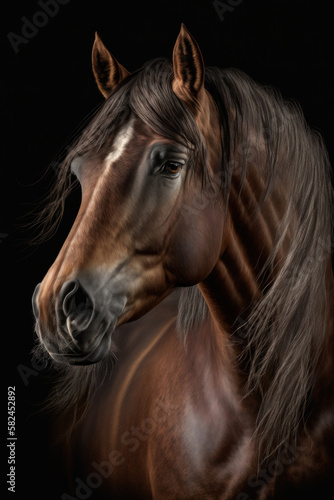 Horse portrait on dark background. AI Generative