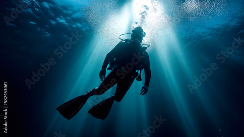 Scuba diving backlit sunlight in deep blue ocean. Generative ai