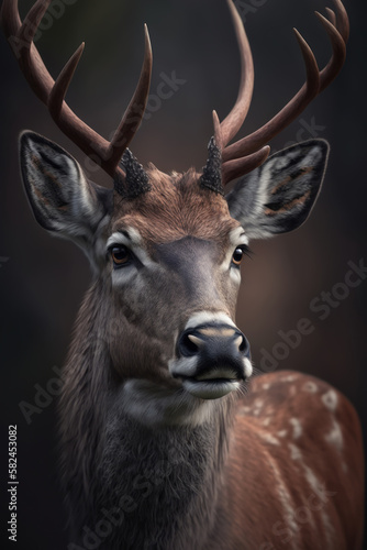 Deer portrait on dark background. AI Generative © Uliana