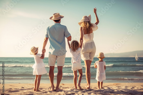 Summer Fun with the Family: Back View of Happy Vacationers. Generative Ai