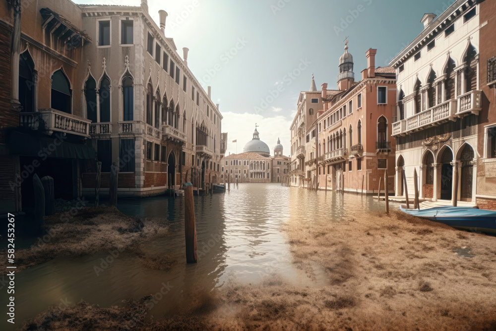Venice Drought: Illustration of Water Scarcity in the City of Canals. Generative Ai