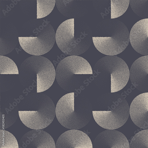 Circles Clockwise Gradient Seamless Pattern Vector Dotwork Abstract Background. Postmodernism Style Repetitive Fashionable Textile Print. Monochrome Boundless Wallpaper. Halftone Art Illustration