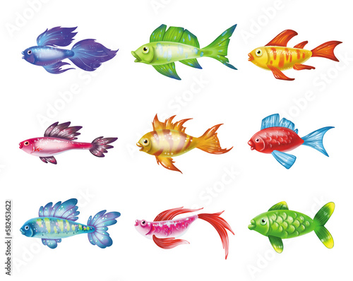 Colored cute sea fish. cartoon set of freshwater aquarium characters isolated on white background. Varieties of decorative underwater popular colored fish for print, children development 