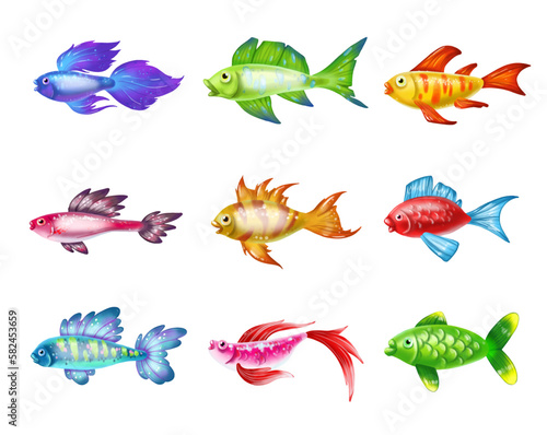 Colored cute sea fish. Vector cartoon set of freshwater   aquarium characters isolated on white background. Varieties of decorative underwater  popular colored fish for print  children development 