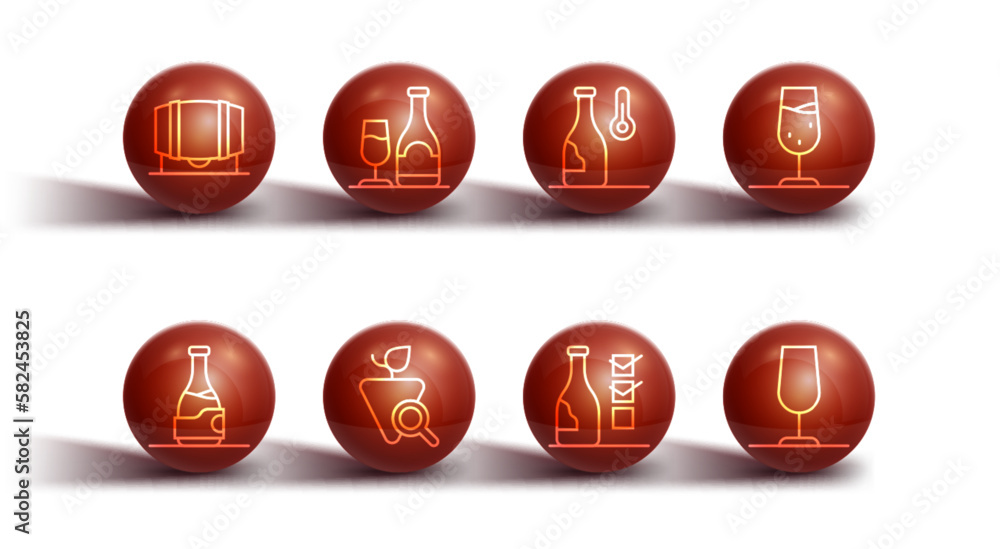 Set line Wooden barrel for wine, Bottle of, Wine glass, Grapes, bottle with, and temperature icon. Vector Set line Wooden barrel for wine, Bottle of, Wine glass, Grapes, bottle with, and temperature icon. Vector