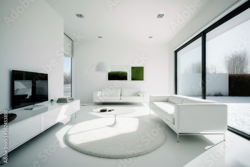 He left a very bright house, all in white, with a sofa, rug and decorative elements in the minimalist style, with a large window and the outside covered with snow. Image generated with AI