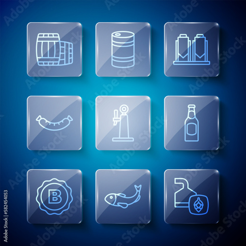 Set line Bottle cap with beer, Dried fish, Beer brewing process, tap, Sausage, Wooden barrel and bottle icon. Vector