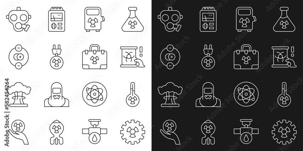 Set line Radioactive, Meteorology thermometer, waste in barrel, Electric car charging station, Radiation electrical plug, Atom, Gas mask and nuclear suitcase icon. Vector