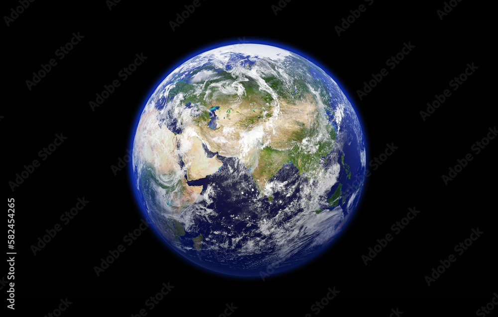 Earth planet isolated on black. Science fiction fictional cosmic background with earth globe