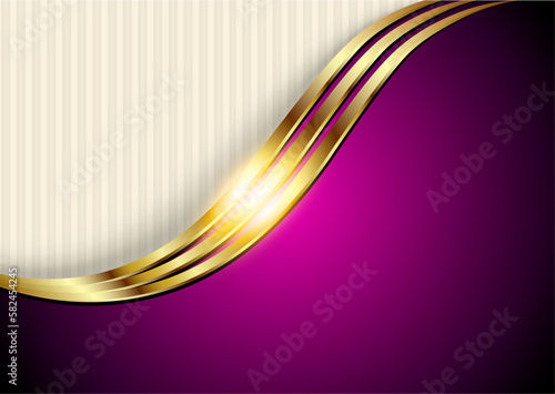 Business elegant background, gold purple metallic shiny metal waves design with striped pattern, vector illustration.