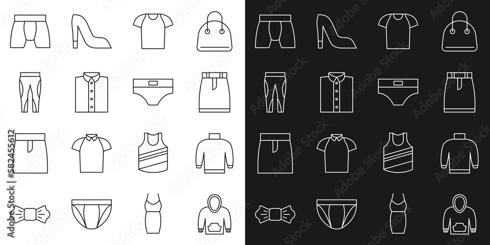 Set line Hoodie, Sweater, Skirt, T-shirt, Shirt, Leggings, Men underpants and icon. Vector Set line Hoodie, Sweater, Skirt, T-shirt, Shirt, Leggings, Men underpants and icon. Vector
