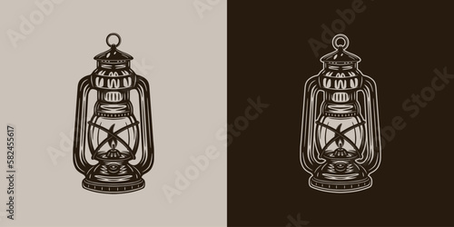 Vintage retro camping adventure travel outdoor element. Light fire lamp. Can be used for emblem, logo, badge, label. mark, poster or print. Monochrome Graphic Art