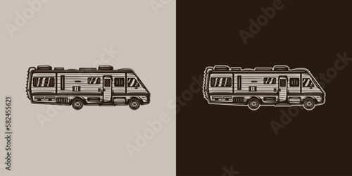 Vintage retro camping adventure travel outdoor element. Camping camper van. Can be used for emblem, logo, badge, label. mark, poster or print. Monochrome Graphic Art