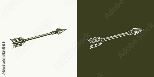 Vintage Vintage retro hunting adventure element. Arrow. Can be used for emblem, logo, badge, label. mark, poster or print. Monochrome Graphic Art. Vector Illustration. beer brewing emblem, logo