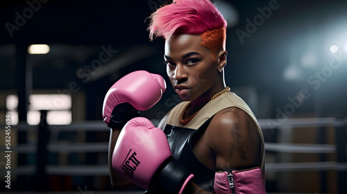 non-binary person, boxer, with gloves and challenging and empowered attitude