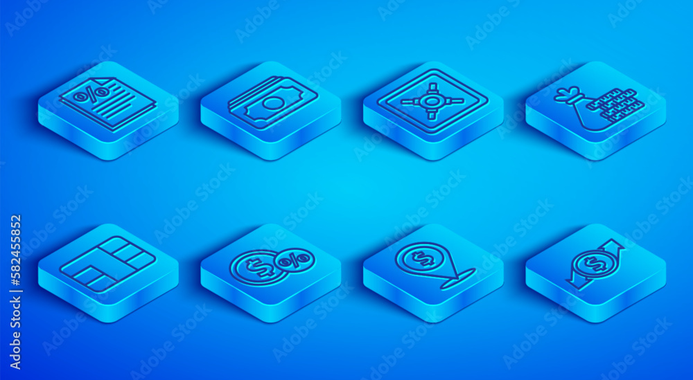 Set line Finance document, Stacks paper money cash, Safe, Money coin with percent, Cash location, bag and, Credit card chip and Financial growth dollar icon. Vector Set line Finance document, Stacks paper money cash, Safe, Money coin with percent, Cash location, bag and, Credit card chip and Financial growth dollar icon. Vector