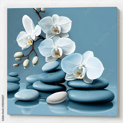  branch of orchids with stone on blue background .ai generative