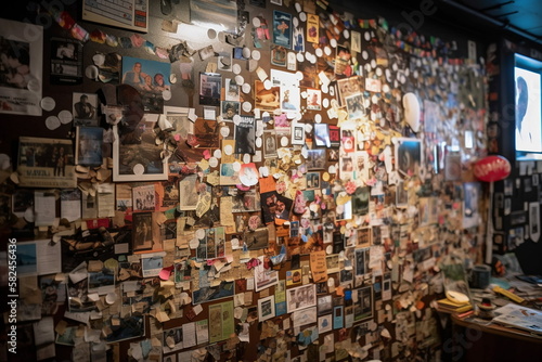 wall covered with photos and notes