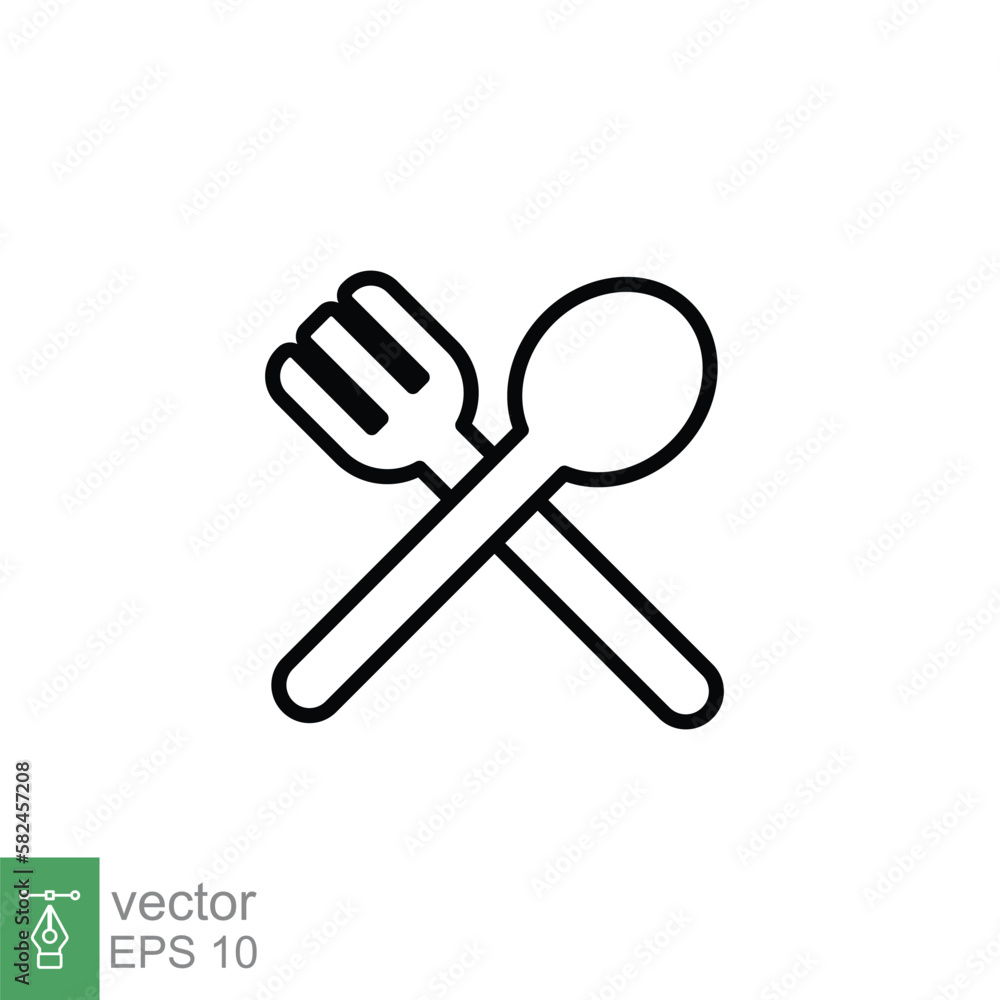 Spoon and fork icon. Simple outline style. Silverware, kitchen, cutlery, table, restaurant concept. Thin line symbol. Vector illustration isolated on white background. EPS 10. Spoon and fork icon. Simple outline style. Silverware, kitchen, cutlery, table, restaurant concept. Thin line symbol. Vector illustration isolated on white background. EPS 10.