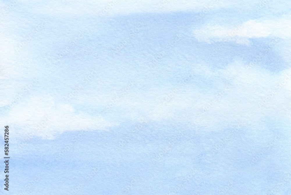 Blue, gentle, spring watercolor, texture background with a view of the sky and clouds in clear weather. Drawn by hand on paper. For decoration and design with place for text.