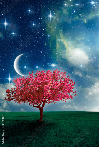 mystic magic pink tree with nebula, stars, moon luna and stars over mystical sky with copy space like spiritual, elf,  magic nature and fantasy background  © starblue