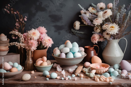 A spring scene filled with pastel colors eggs ceramics. generative ai