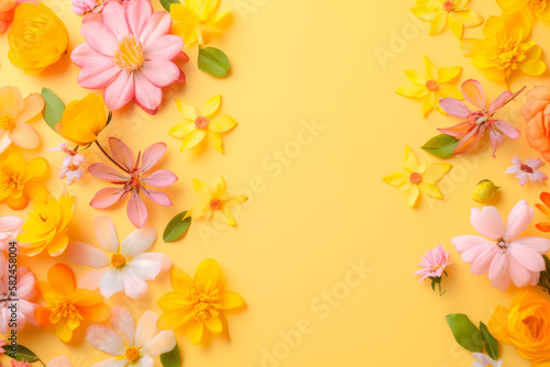 Beautiful Spring banner with fresh colorful flowers. generative ai