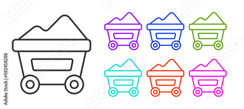 Black line Coal mine trolley icon isolated on white background. Factory coal mine trolley. Set icons colorful. Vector