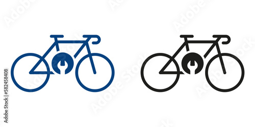 Bike with Wrench Repair Concept Silhouette Icon Set. Workshop for Cycle Transport Pictogram. Bicycle Mechanic Repair Solid Symbol Collection on White Background. Isolated Vector Illustration