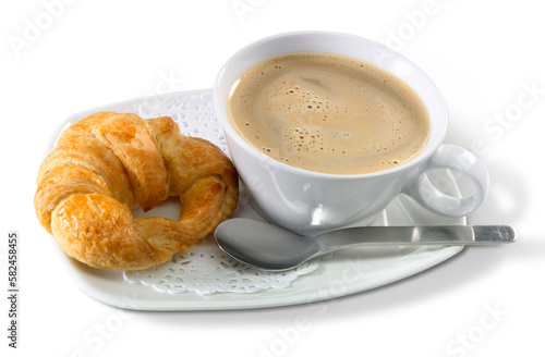 Fototapeta Naklejka Na Ścianę i Meble -  Café con leche y cruasán, desayuno. Coffee with milk and croissant, breakfast.