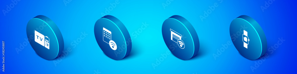Set Isometric Multimedia and TV box receiver, Smart garage, home with smart watch and Air humidifier icon. Vector Set Isometric Multimedia and TV box receiver, Smart garage, home with smart watch and Air humidifier icon. Vector