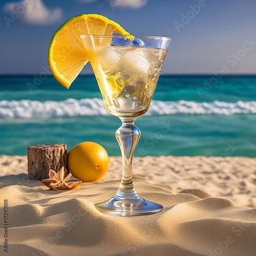Glass of cocktail on the beach. Generative AI
