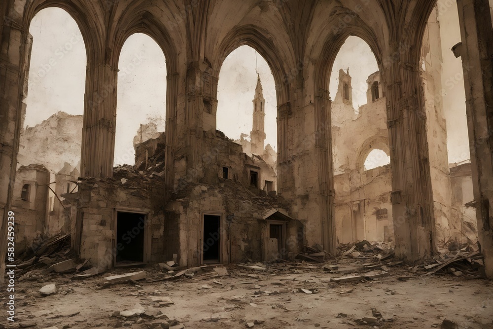 abandon broken holy church during world war, generative art by A.I