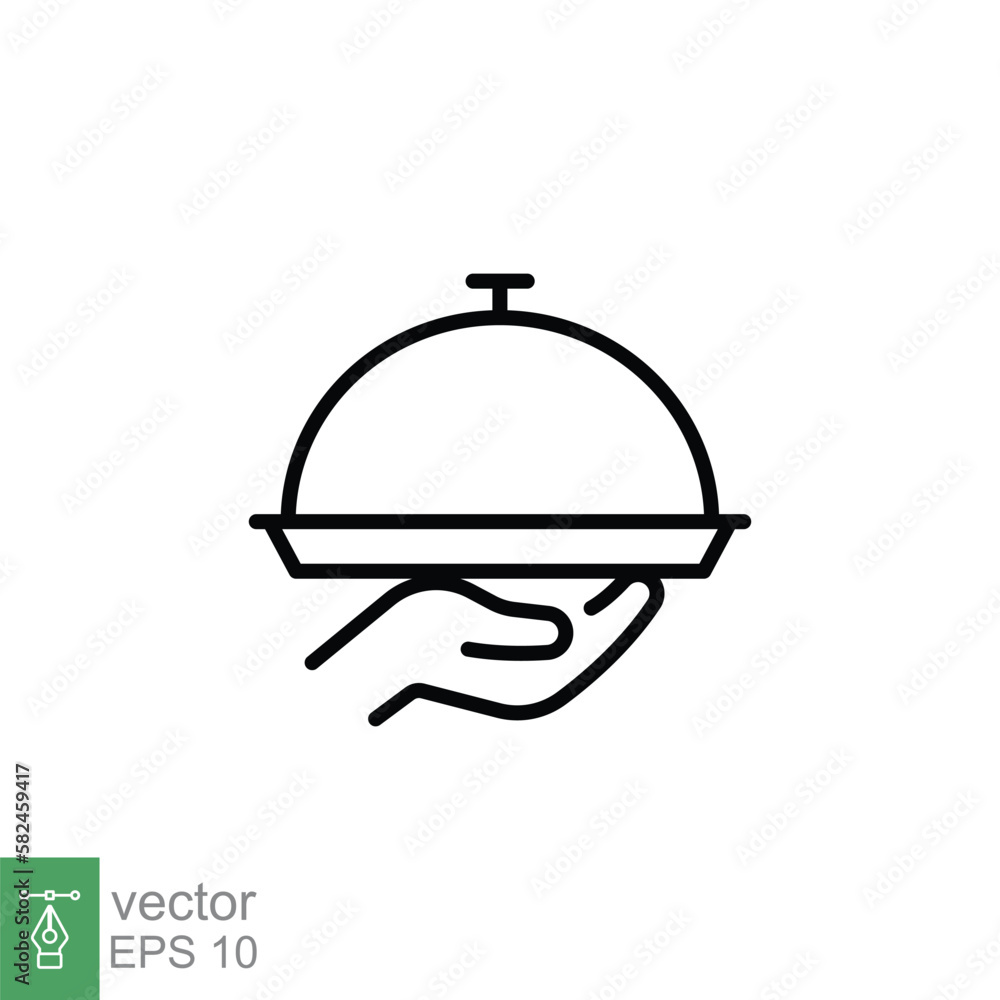Tray icon. Simple outline style. Hand with a tray, waiter, Butler, platter, restaurant concept. Thin line symbol. Vector illustration isolated on white background. EPS 10. Tray icon. Simple outline style. Hand with a tray, waiter, Butler, platter, restaurant concept. Thin line symbol. Vector illustration isolated on white background. EPS 10.