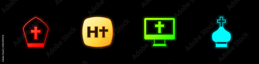 Set Pope hat, Christian cross, on monitor and church tower icon. Vector Set Pope hat, Christian cross, on monitor and church tower icon. Vector
