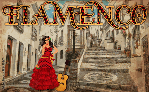 Flamenco dancer woman with   guitar, spanish city banner, vector illustration