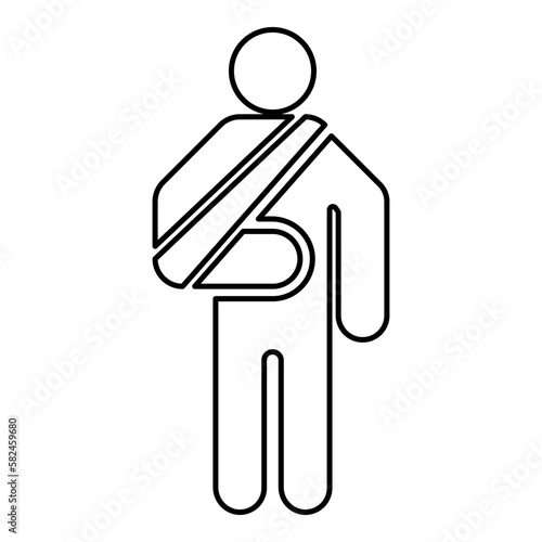 Man with broken arm hand gypsum injured stick using sticks person trauma concept elastic bandage on human immobilize support bone sling cast fracture trauma contour outline line icon black color 
