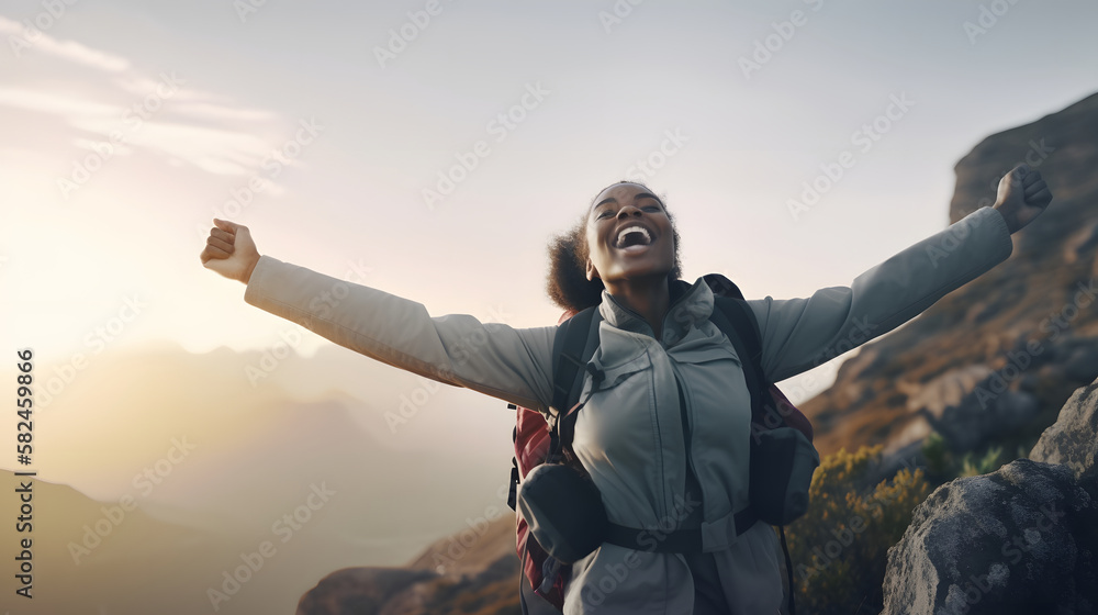 Afro-descendant woman on top of a mountain, with her arms outstretched in triumph