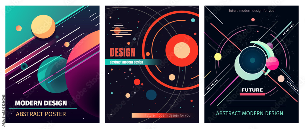 Set of vector abstract modern design illustrations, backgrounds for the cover of magazines about dreams, future, design and space, fancy, crazy posters