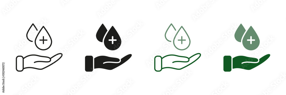 Obraz premium Human Hand with Sanitizer Liquid Drop Symbol Collection. Hygiene Procedure Line and Silhouette Icon Set. Hand Washing, Antiseptic Alcohol Gel Sign. Prevention Concept. Isolated Vector illustration