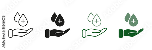 Human Hand with Sanitizer Liquid Drop Symbol Collection. Hygiene Procedure Line and Silhouette Icon Set. Hand Washing, Antiseptic Alcohol Gel Sign. Prevention Concept. Isolated Vector illustration