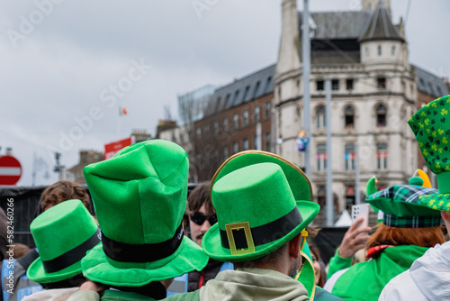Photography Green hats in the crowd, people in the street with costumes, irish flag colours,