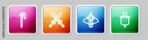 Set line Medieval axe, Crossed medieval sword, Battle crossbow with arrow and flag. Colorful square button. Vector
