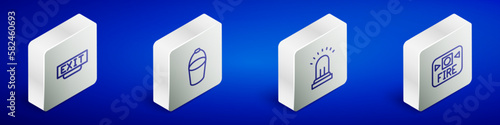 Set Isometric line Fire exit, bucket, Ringing alarm bell and system icon. Vector