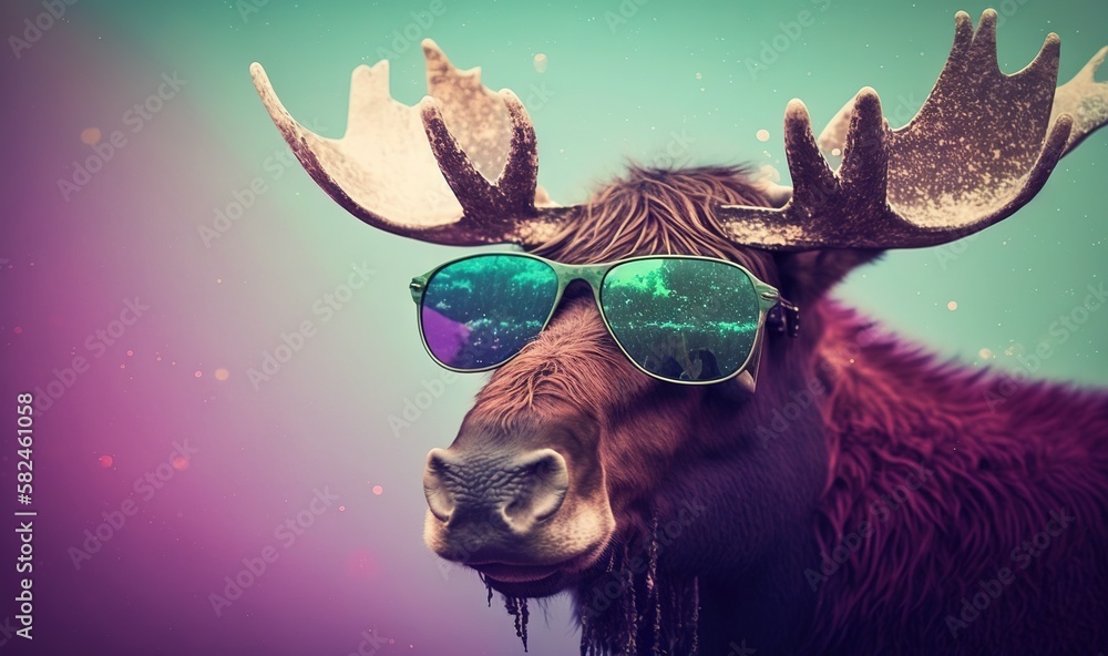 a moose wearing sunglasses with a purple and blue background and a sky