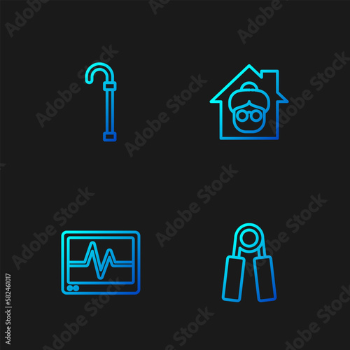 Set line Sport expander, Monitor with cardiogram, Walking stick cane and Nursing home. Gradient color icons. Vector