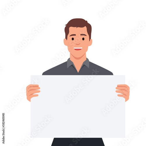 Vector cartoon illustration with a smiling office man with a billboard in his hands. Flat vector illustration isolated on white background