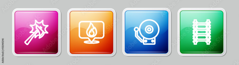 Set line Firefighter axe, Location with fire flame, Ringing alarm bell and escape. Colorful square button. Vector Set line Firefighter axe, Location with fire flame, Ringing alarm bell and escape. Colorful square button. Vector